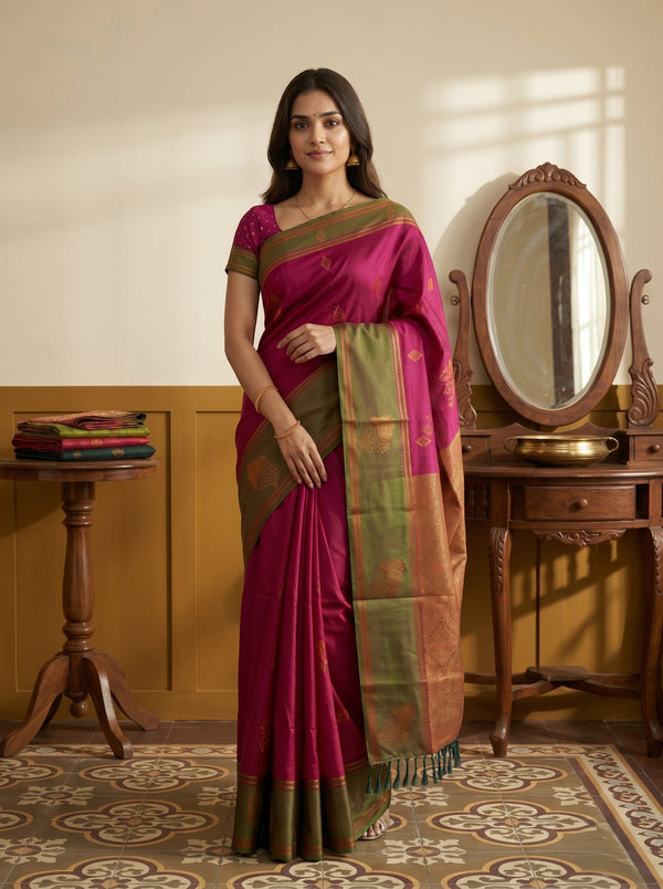 Woman in a traditional saree standing in a room with wooden furniture and a mirror.