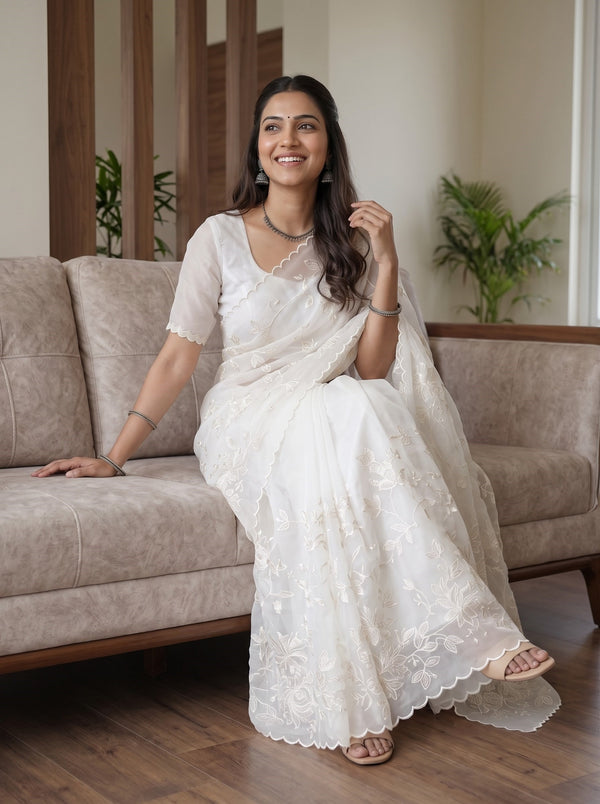 Organza White Self-Tone Floral Embroidery Saree