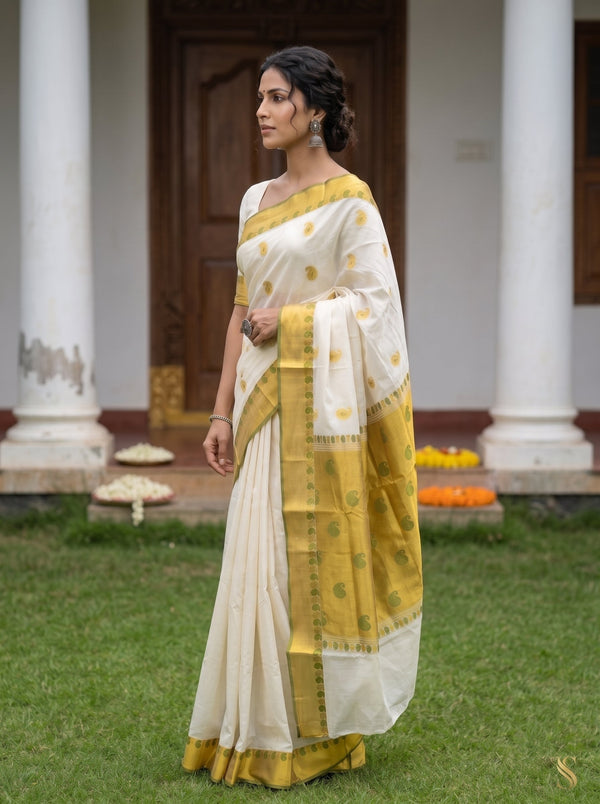 Cotton Cream Off-White Gold Green Paisley Booti Onam Kerala Saree