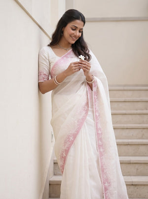 Organza Off White Pink Floral Lace Contrast Border