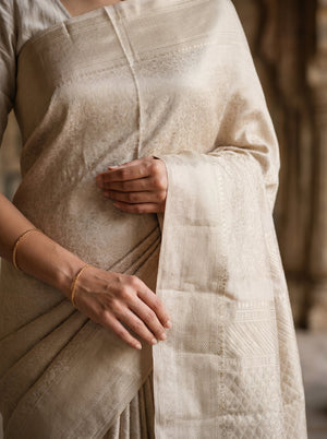 Kanjivaram Tissue Silk Champagne Beige Saree with All-Over Silver Zari Self Weave