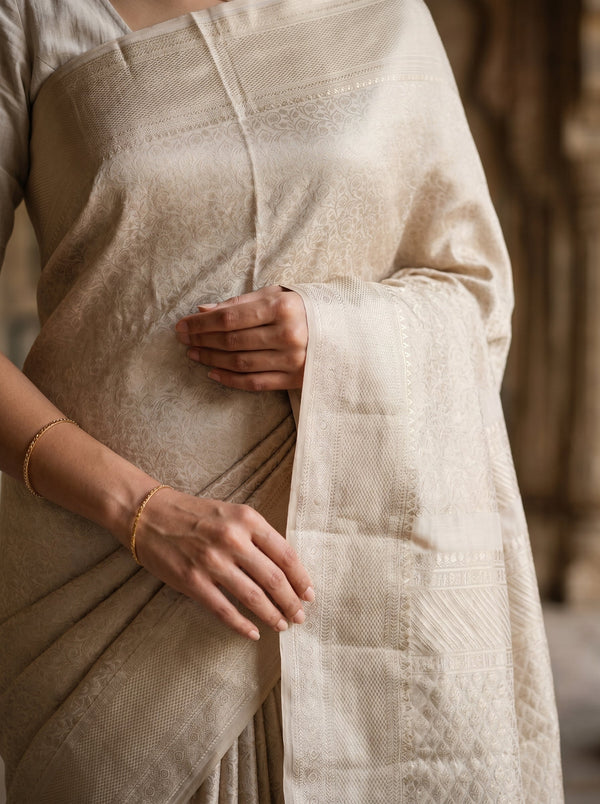 Kanjivaram Tissue Silk Champagne Beige Saree with All-Over Silver Zari Self Weave