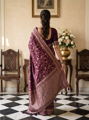 Banarasi Silk Wine Allover Floral Saree with Matching Zari Border