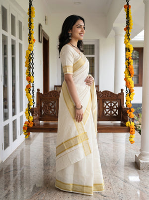 Cotton Cream Golden Pinstripe Zigzag Border Onam Special Kerala Saree