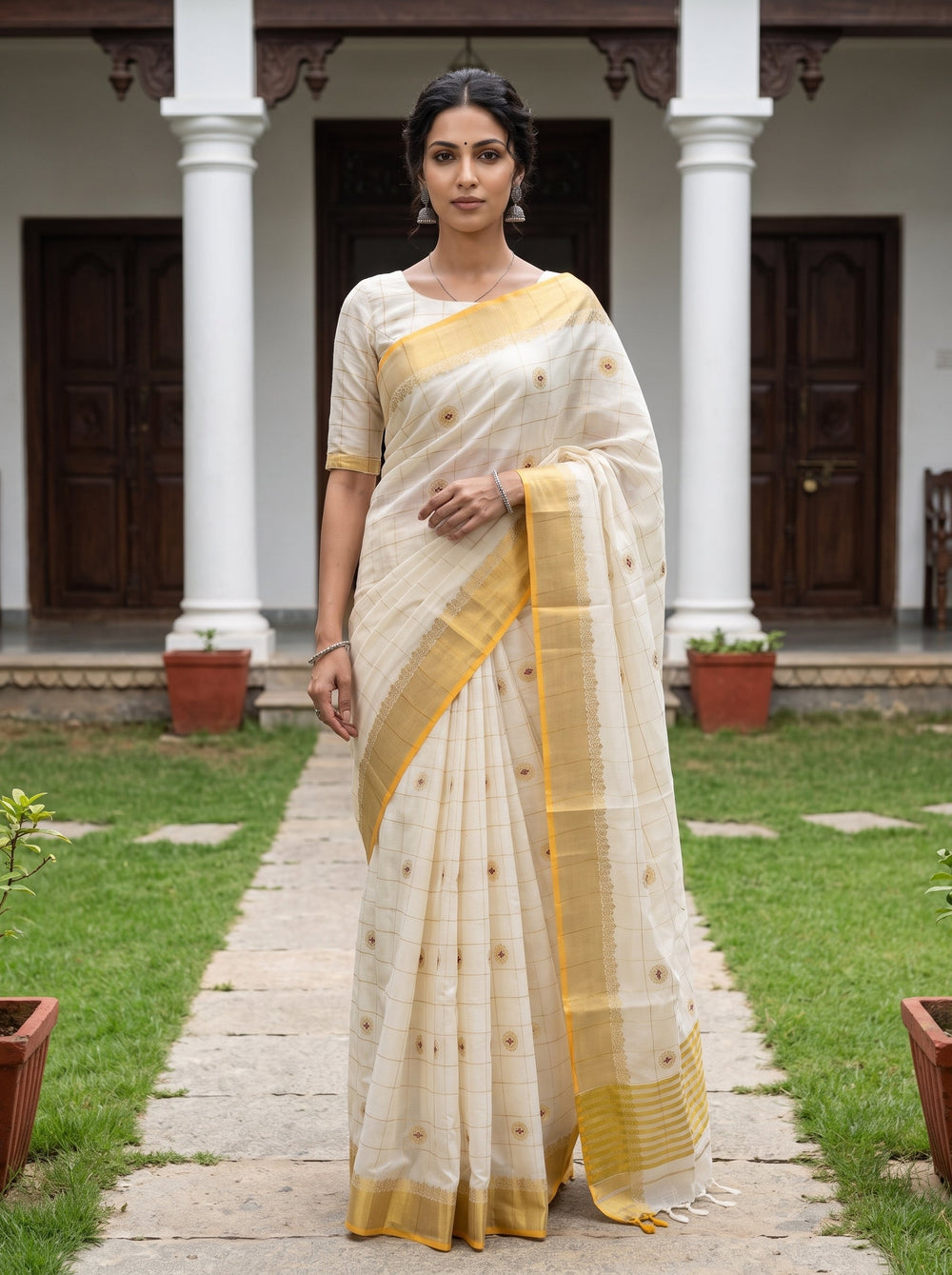 Cotton Cream Checkered Floral Booti Gold Lace Border Onam Kerala Saree