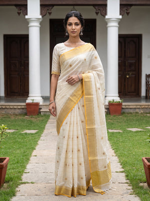 Cotton Cream Checkered Floral Booti Gold Lace Border Onam Kerala Saree