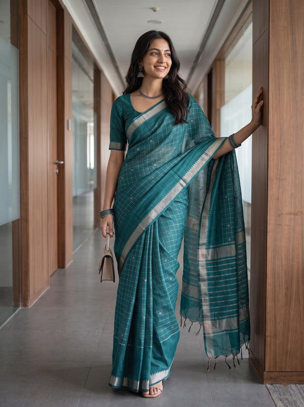 Chanderi Cotton Teal Check Weave Saree with Silver Zari Striped Pallu