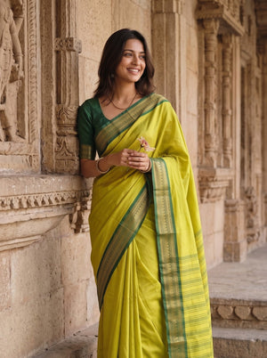 Semi Silk Yellow Saree with Green Zari Floral Border