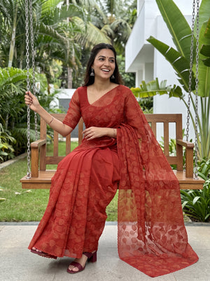 Organza Red Allover Golden Thread Heart Leaf Vine Embroidered Scalloped Edge Saree