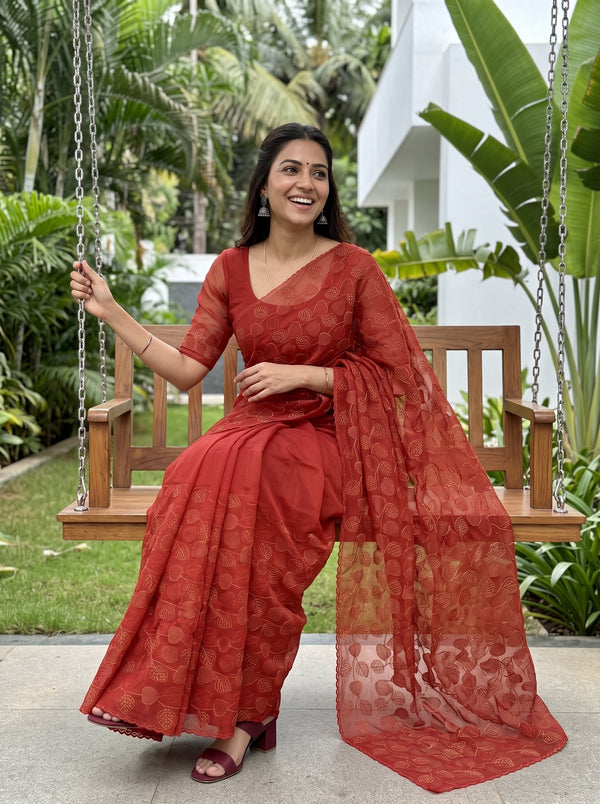 Organza Red Allover Golden Thread Heart Leaf Vine Embroidered Scalloped Edge Saree