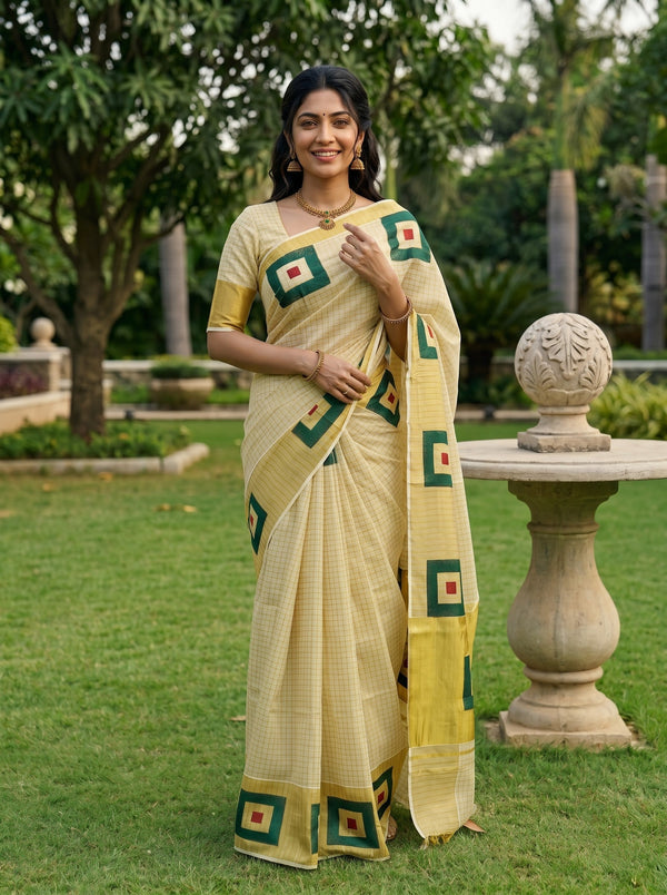 Tissue Cream Gold Checked Green Square Print Onam Special Kerala Saree