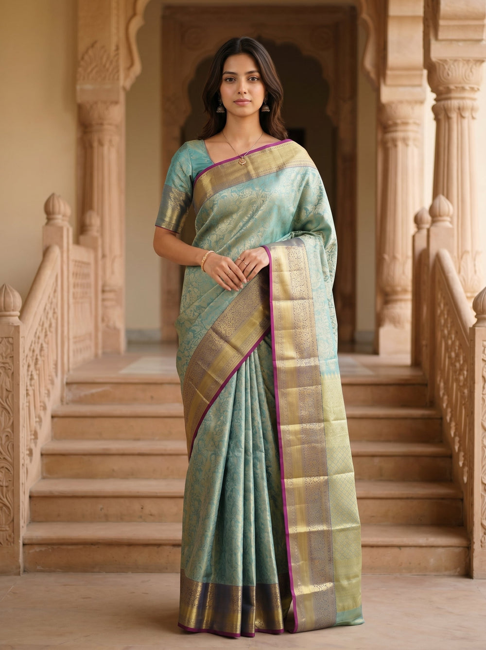 Woman in a traditional saree standing in an architectural setting