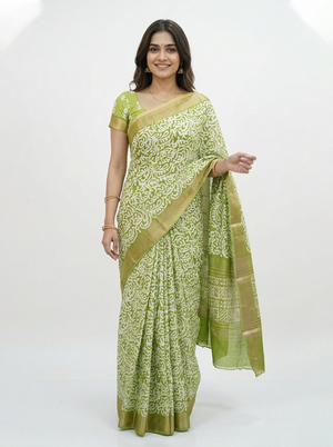Soft Cotton Olive Green Batik Floral Print Saree with Zari Border