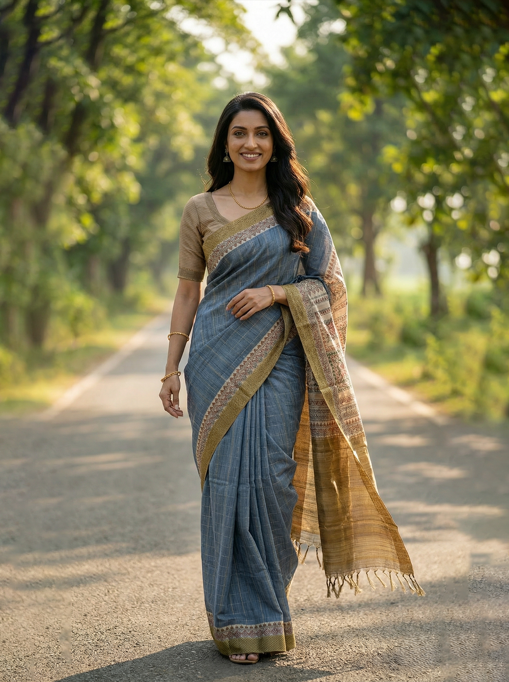 Woman in a blue saree with gold border standing on a road with greenery in the background