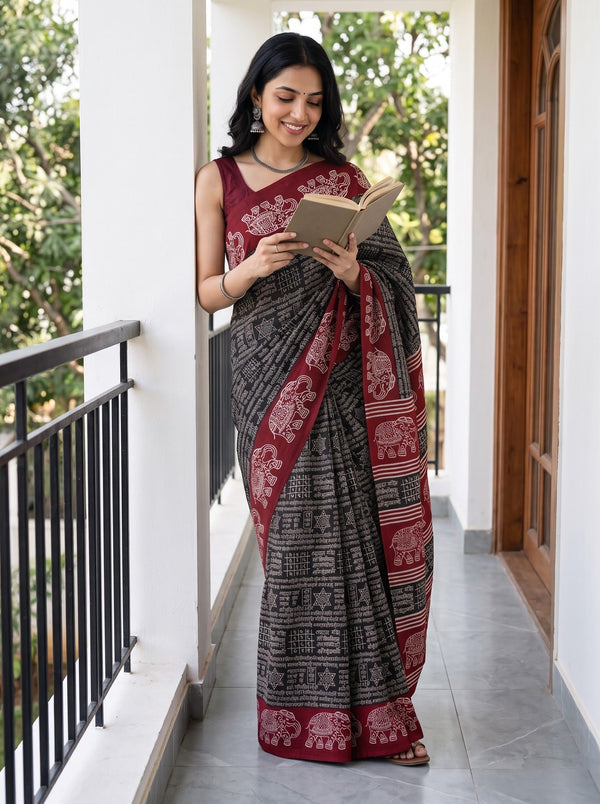 Synthetic Black Red Kalamkari Style Elephant Border Saree