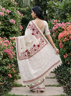 Linen Cream Beige Striped Red Floral Applique Embroidered Pallu Kantha Stitch Tassels Saree