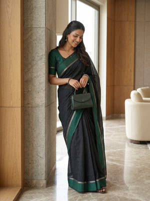 Cotton Silk Bottle Green Black Dual-Tone Saree