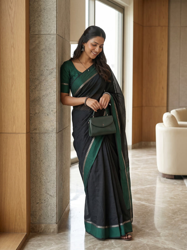 Cotton Silk Bottle Green Black Dual-Tone Saree