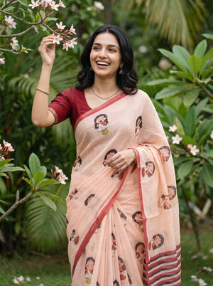 Linen Peach Cartoon Doll Print Saree with Red Border