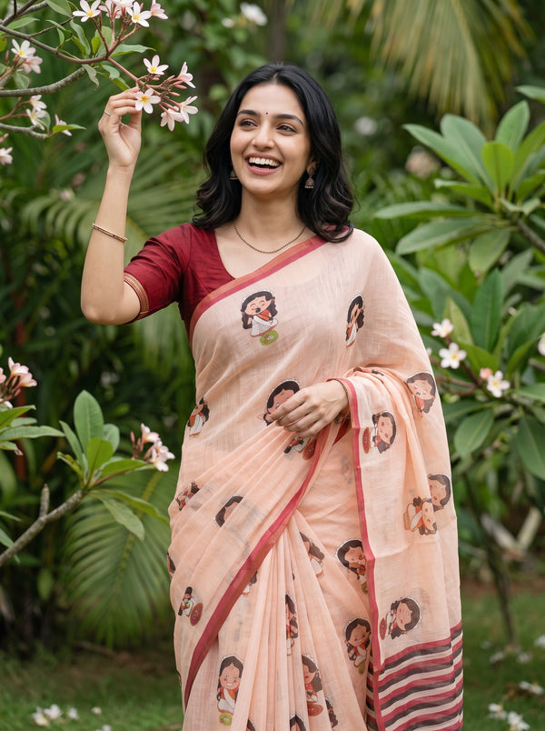 Linen Peach Cartoon Doll Print Saree with Red Border