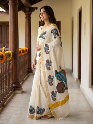 Cotton Off-White Krishna Mural Print Onam Special Kerala Saree