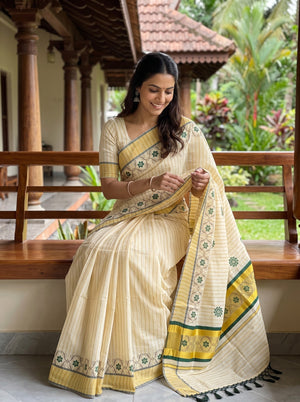Tissue Cream and Green Floral Vine Border Onam Kerala Saree
