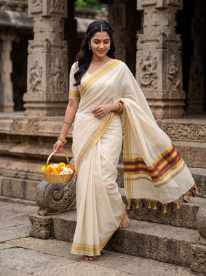 Cotton Cream Kerala Saree with Checkered Design, Golden Zari and Purple Striped Border