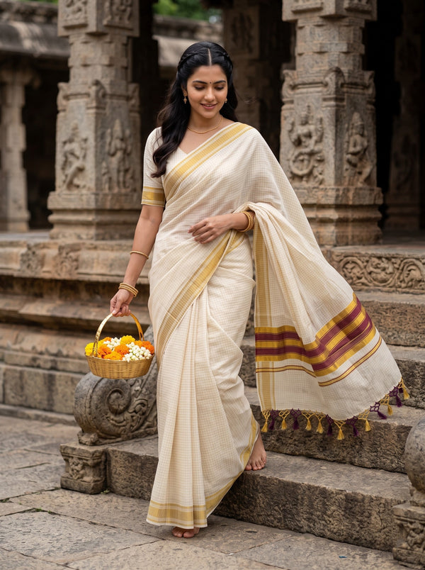 Cotton Cream Kerala Saree with Checkered Design, Golden Zari and Purple Striped Border
