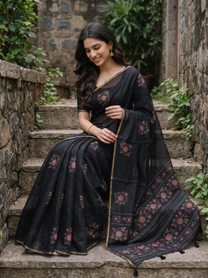 Synthetic Black Scattered Rose Print Saree with Thin Gold Border