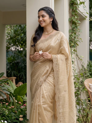 Chiffon Champagne Golden Beaded Border Saree