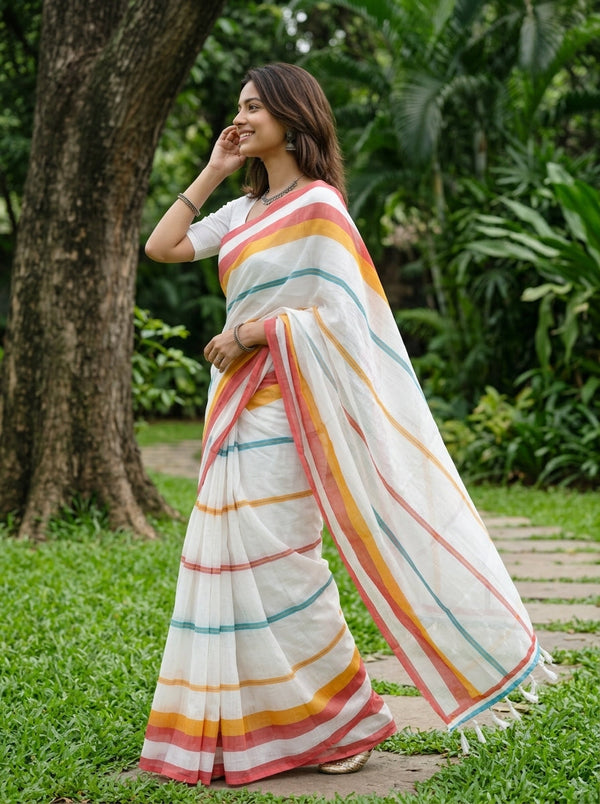 Cotton White & Multicolor Stripe Saree with Tassel Pallu