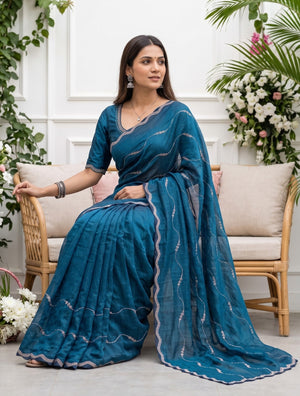 Chiffon Teal Blue Wavy stone Embellished Saree