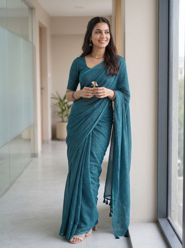 Mul Chanderi Saree in Teal with Sparkling Sequin Dot Embellishment