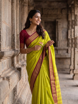 Semi Silk Yellow Saree Maroon Brocade Border with Striped Body