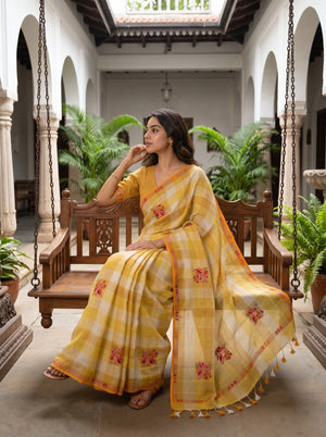 Linen Mustard Yellow Check Bird Floral Bouquet Embroidery Border Saree