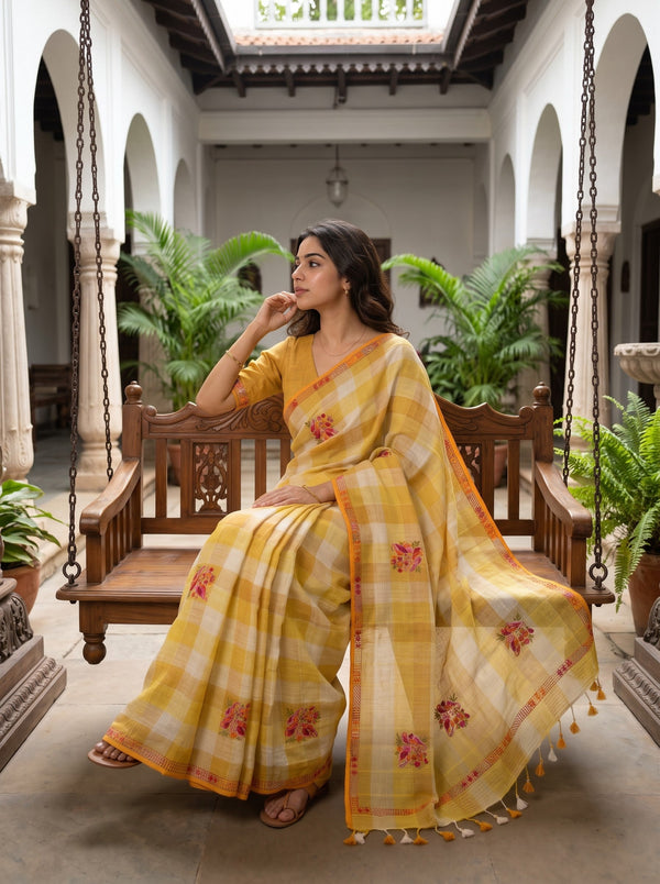 Linen Mustard Yellow Check Bird Floral Bouquet Embroidery Border Saree