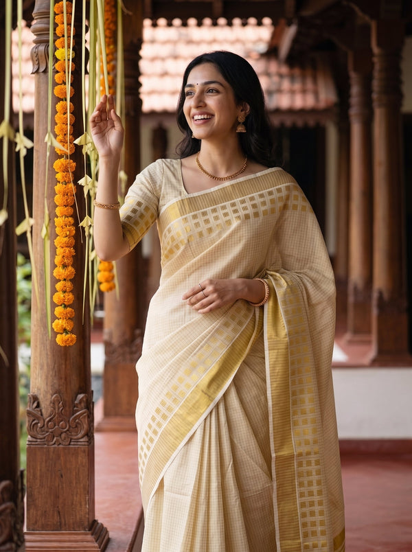 Tissue Cream Off-White Golden Checkered Block Border Onam Kerala Saree