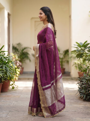 Tissue Banarasi Magenta Solid Saree with Gold Woven Border and Lace Edge