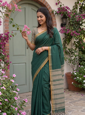Cotton Bottle Green Grey Striped Mustard Border Saree