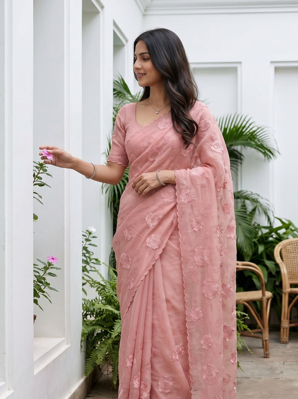 Chiffon Dusty Pink Floral Embroidered Saree