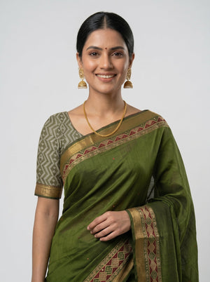 Chanderi Cotton Olive Green Ikat Border Saree