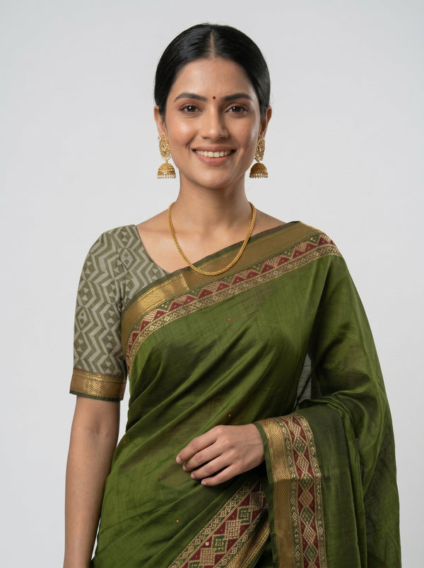 Chanderi Cotton Olive Green Ikat Border Saree