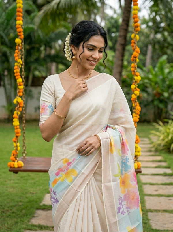 Tissue Off White Watercolor Floral Border Tassel Set Saree