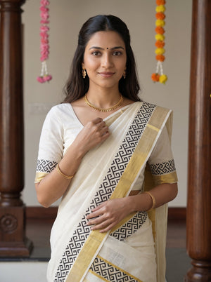 Cotton Cream Black Geometric Print Onam Kerala Set Mundu