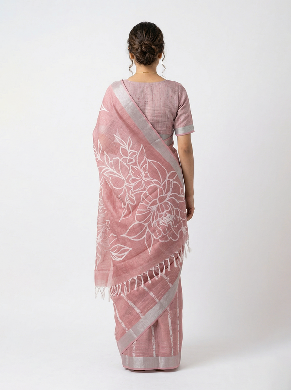 Semi Linen Dusty Pink Floral Print Saree with Silver Zari Border
