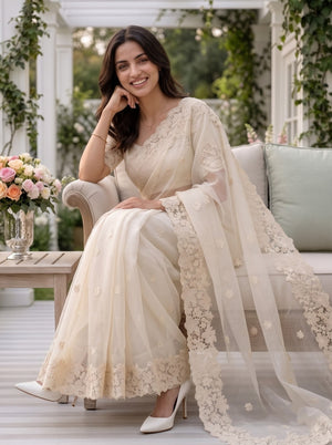 Organza Cream Saree with Floral Cutwork Lace Border
