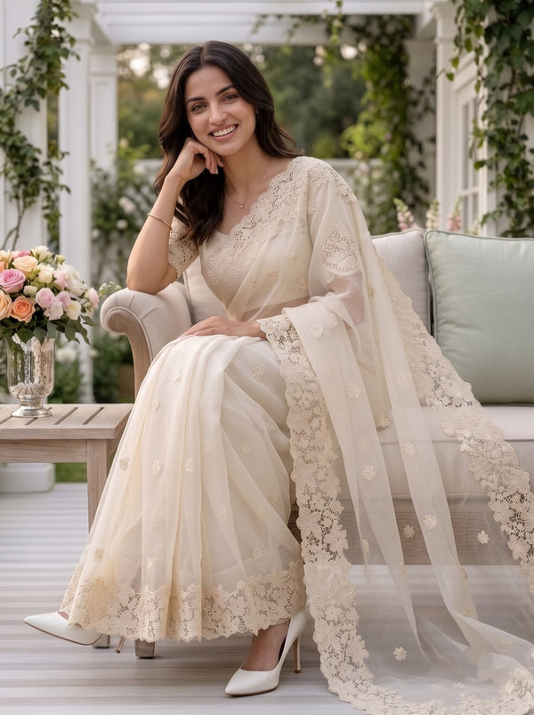 Organza Cream Saree with Floral Cutwork Lace Border