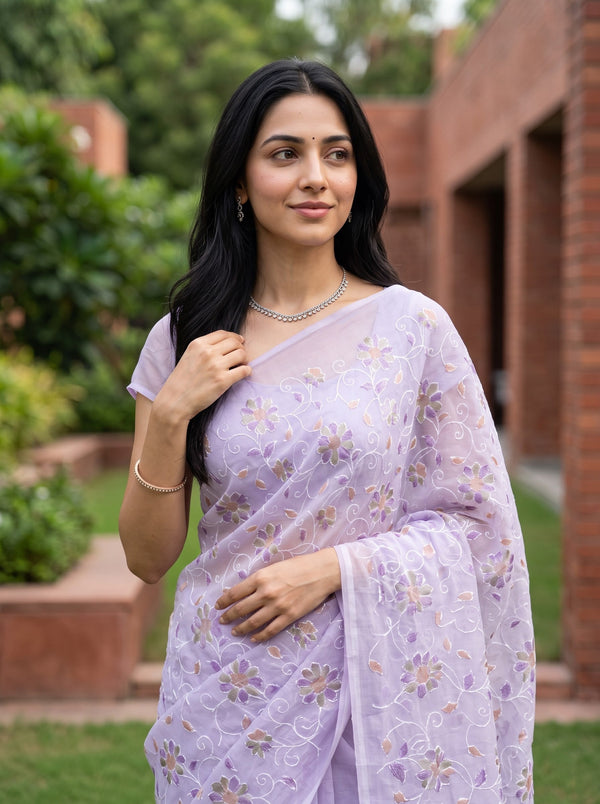 Mul Chanderi Lilac Purple Peach Floral Vine Embroidered Golden Zari Band Pallu Tassels Saree