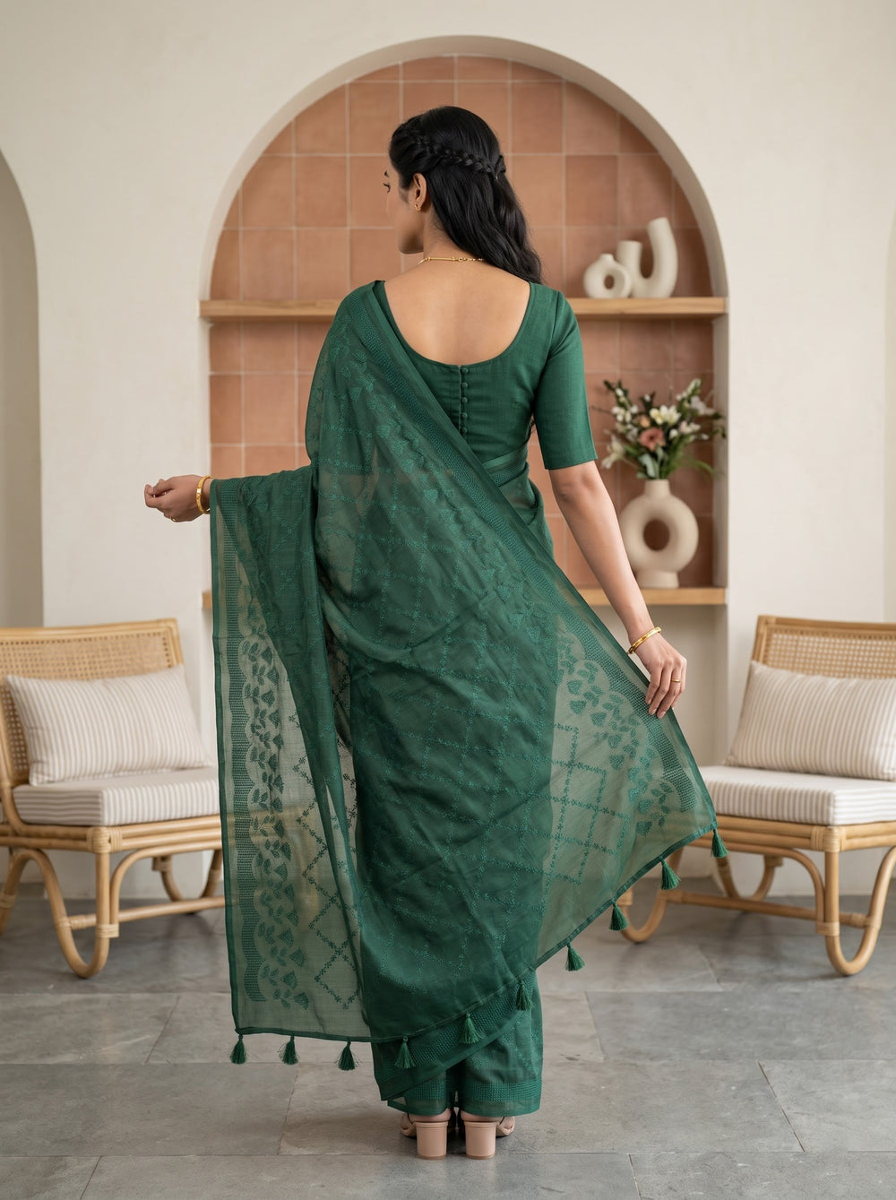 Pure Chanderi Bottle Green Saree with Embroidered Diamond Trellis
