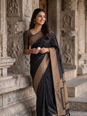 Banarasi Silk Black Golden Zari Framed Panel Saree with Tassels